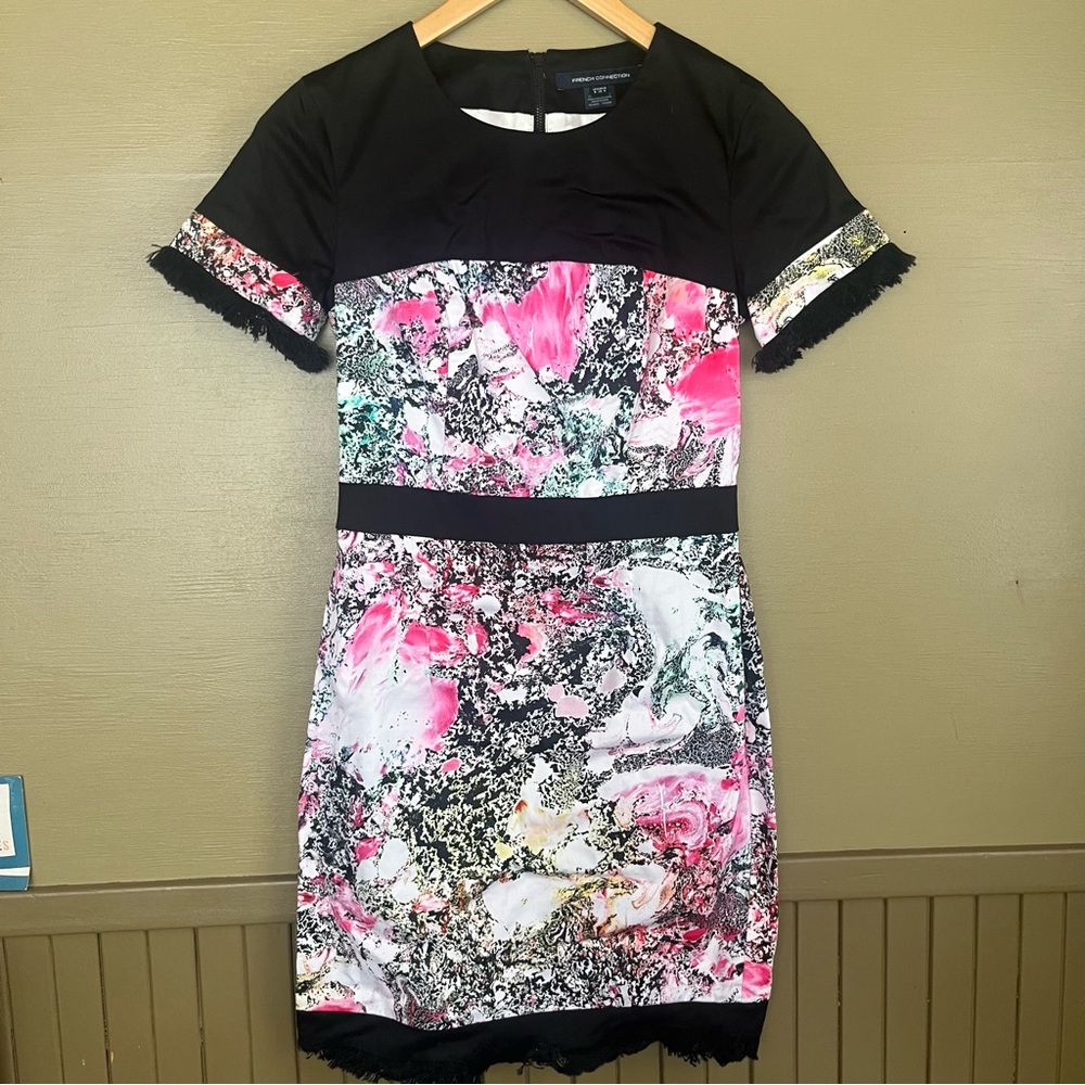 French Connection Floral Watercolor Fringe Sheath Dress Size 4